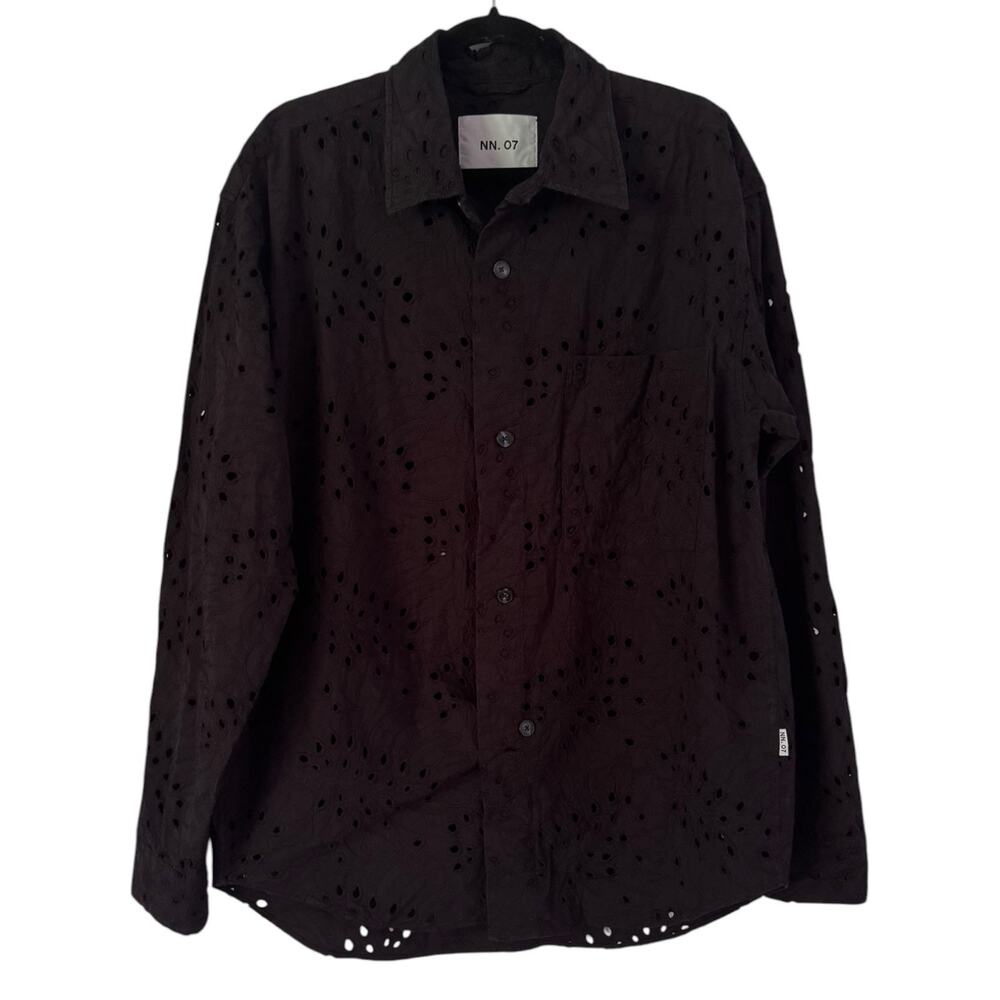 NN07 Adwin Broderie Anglaise Cotton Embroidered Button Up Black Shirt Men’s XL - Picture 3 of 8